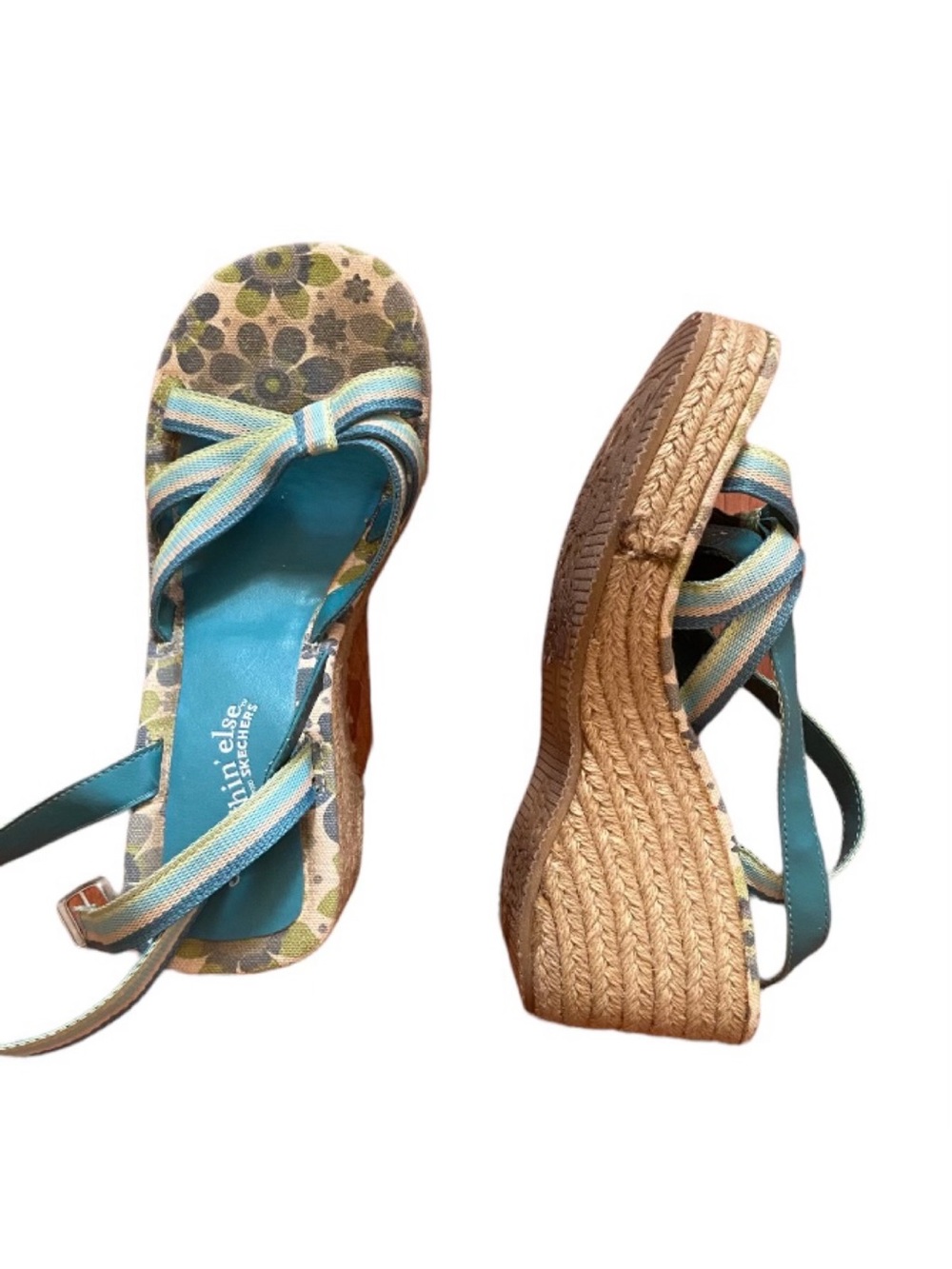 Skechers Teal and Multicolor Striped Wedge Sandals